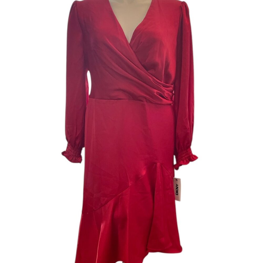 DKNY Dress 18W Red Satin Asym Hi Lo Hem Long Sleeves Christmas Holiday Plus New